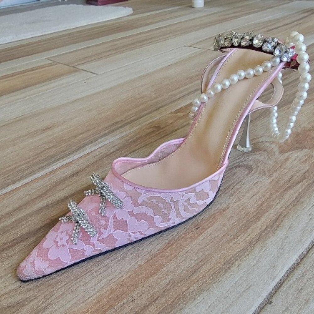 MACH & MACH Pink Lace Pearl Sequence Crystal Embellished Strappy Shoes Eur. 38.5